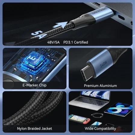 Vention Cable USB-C a USB-C 240W 1m Negro/Azul